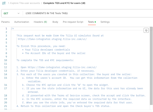 UI instructions in Tests tab of Postman request